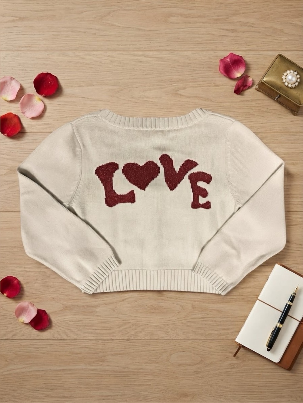 Vintage Betsey Johnson Cardigan Sweater Cream Red Heart Love Cropped Knit Y2K M